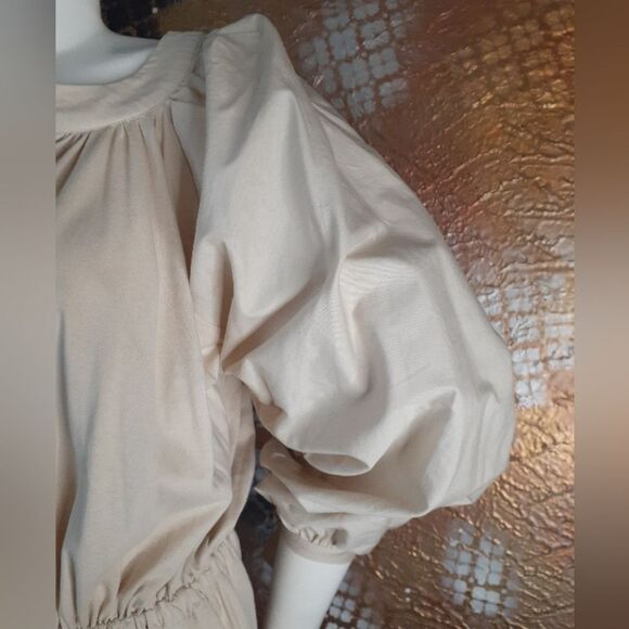 Zara Beige 100% Cotton Puff Sleeve Button-Down Mini Dress - Picture 9 of 13